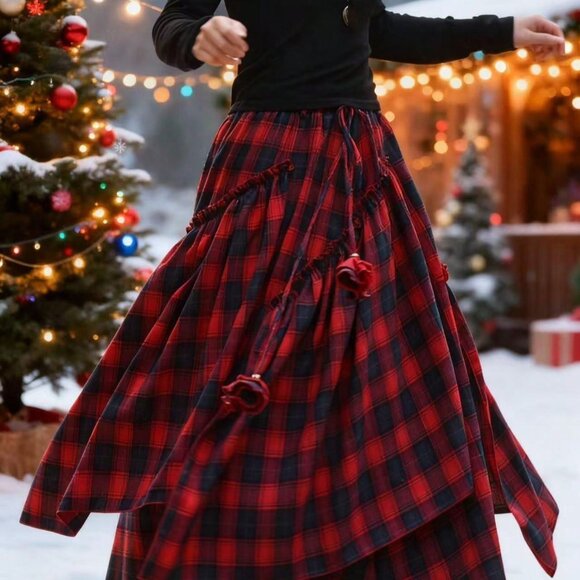 Dresses & Skirts - Red Casual Women's Plaid Asymmetric Hem 3d Floral Decor Skirt